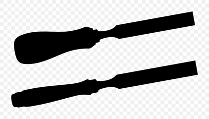 Chisel, carpentry hand tools for woodworking and wood carving. Stand for working with wood. Chisel isolated on transparent background. Black silhouette icon, vector illustration.