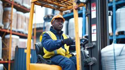 A warehouse worker operating a forklift, wearing a yellow safety vest and hard hat, surrounded by stacked goods on shelves in a storage facility.