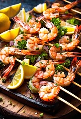 juicy grilled shrimp skewers glistening fresh lemon seafood bbq delight, delicious, succulent, appetizing, tasty, charred, aromatic, smoky, mouthwatering