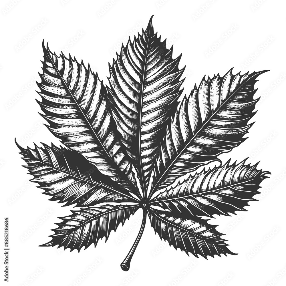 Poster detailed chestnut leaf, showcasing intricate vein patterns and realistic texture sketch engraving ge
