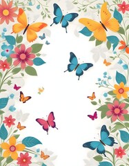 Vibrant illustration of colorful flowers and butterflies in various shades of red, orange, purple, and pink on a light wooden background, Generative AI.