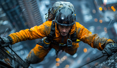 Obraz premium Climber Ascending Skyscraper in Snow. A climber in a yellow jacket and safety harness ascends a skyscraper in snowy conditions.