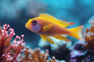 Obraz premium Baby Fish: A bright, colorful baby fish, swimming among coral reefs in the ocean.