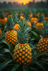 Obraz premium Pineapple Field At Sunset. A close-up view of a ripe pineapple in a field of pineapples with a setting sun in the background.
