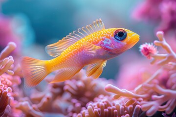 Baby Fish: A bright, colorful baby fish, swimming among coral reefs in the ocean.