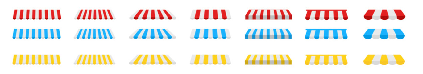 Vector striped awning vector icon set. Striped colored fabric roofs of pavilions. Design template. Vector illustration