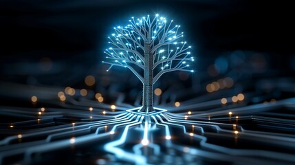 Abstract design of a digital tree with circuit patterns, symbolizing growth, sustainability, and technological evolution in business. Illustration, Image, , Minimalism, - obrazy, fototapety, plakaty