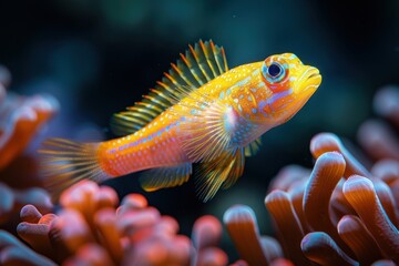 Baby Fish: A bright, colorful baby fish, swimming among coral reefs in the ocean.