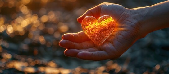a hand carrying a heart-shaped burning yellow lamp with a blur effect background