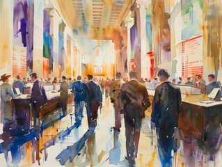 Fototapeta premium Vibrant watercolor painting of a busy train station, filled with people and colorful architecture, capturing bustling city life.