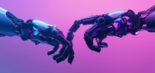 Robotic hands reaching out in a futuristic display of connection and collaboration on a vibrant pink and purple background
