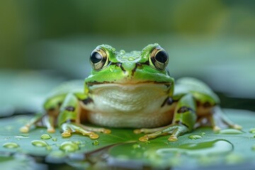Baby Frog: A tiny green froglet, sitting on a lily pad in a pond. 