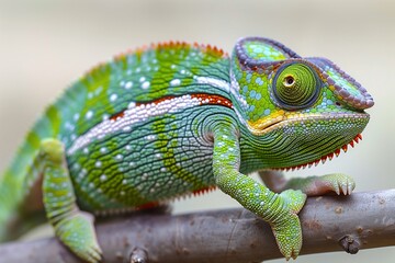 Obraz premium Green Chameleon Perched on a Branch in Daylight