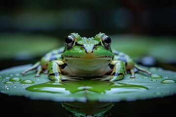 Obraz premium Baby Frog: A tiny green froglet, sitting on a lily pad in a pond. 