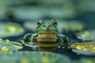 Baby Frog: A tiny green froglet, sitting on a lily pad in a pond. 