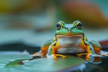 Baby Frog: A tiny green froglet, sitting on a lily pad in a pond. 