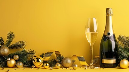Festive Christmas background with a bottle of champagne, glasses with decorative elements, golden balls, fir tree, garland, ribbon and confetti. Merry Christmas and Happy New Year.