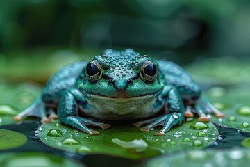 Obraz premium Baby Frog: A tiny green froglet, sitting on a lily pad in a pond. 