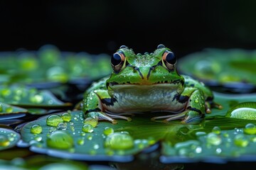 Obraz premium Baby Frog: A tiny green froglet, sitting on a lily pad in a pond. 
