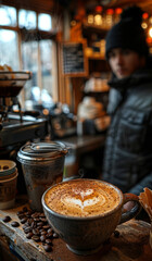Fototapeta premium Cappuccino With Heart Design in Coffee Shop. A steaming cappuccino with a heart design in the foam sits on a wooden counter in a coffee shop