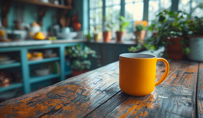 Yellow Mug on Wooden Countertop. A yellow mug sits on a rustic wooden countertop in a kitchen with a blue cabinet in the background.