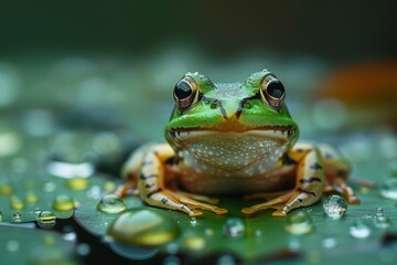 Baby Frog: A tiny green froglet, sitting on a lily pad in a pond. 
