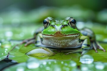 Obraz premium Baby Frog: A tiny green froglet, sitting on a lily pad in a pond. 