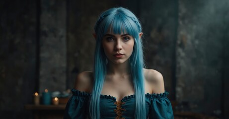Fototapeta premium Portrait of blue-haired girl in elf attire, powerful magician