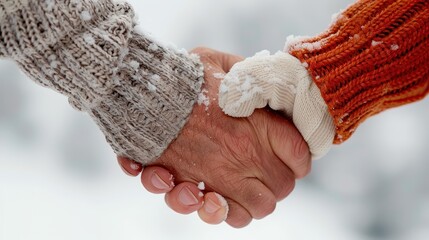 An elderly couple is holding hands while standing in a snowy winter landscape, representing warmth, love, and companionship during the cold season.
