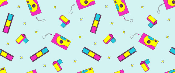Seamless pattern with 90s retro elements, photo objects