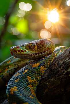 Green Tree Python In Sunlight. A green tree python rests on a branch, with the sun shining brightly behind it. The python's scales shimmer in the light, and its bright yellow eyes are visible.