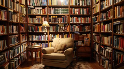 A cozy reading nook with a comfortable armchair, a small wooden side table, and a floor lamp, surrounded by tall bookshelves filled with books.