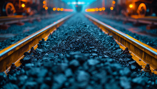 Train Tracks Close-Up. Close-up of train tracks with gravel below steel rails. Tracks stretch into the distance with blurred train cars in background