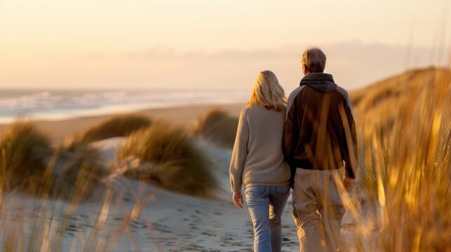 A couple enjoys a serene evening walk along the sandy dunes of a beach as the sun sets, casting a golden glow and creating a tranquil and romantic atmosphere.