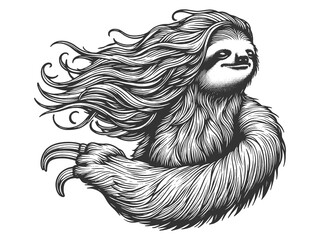 Fototapeta premium whimsical sloth with flowing hair, detailed in a charming vintage style sketch engraving generative ai raster illustration. Scratch board imitation. Black and white image.