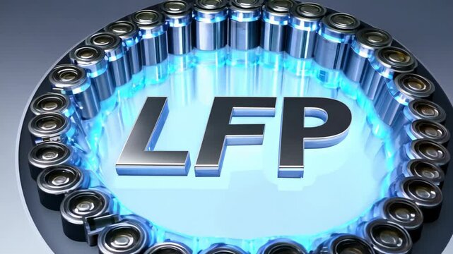 Glowing text LiFePo4 on a dark background, surrounded by electrical discharges