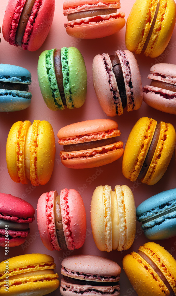 Poster a close up of a variety of colorful macarons. the macarons are arranged in a pattern, with some bein