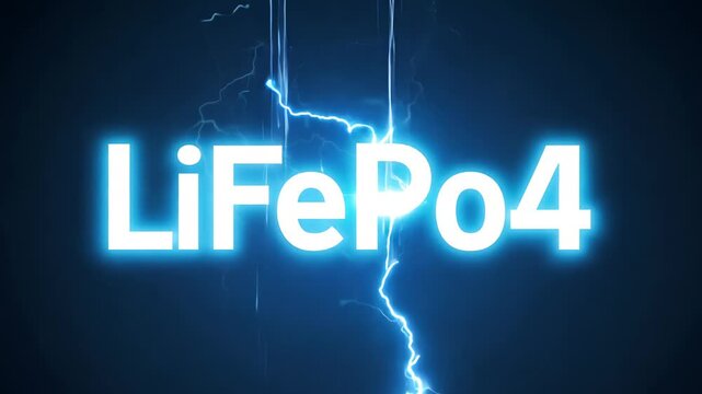 Glowing text LiFePo4 on a dark background, surrounded by electrical discharges
