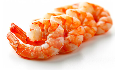 A close up of a shrimp with its tail curled up. The shrimp is cut in half and is sitting on a white background
