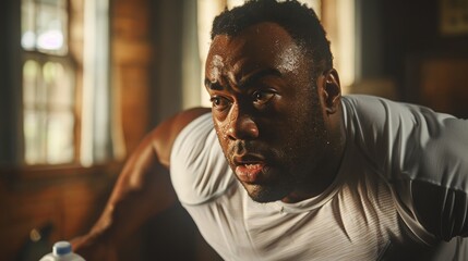 Determined African American Fat Man Resting After an Intense Workout in a Gym Setting. Generative ai.