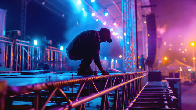 Silhouette of a stage crew member working on a concert stage setup during nighttime, illuminated by colorful stage lights and fog effects.