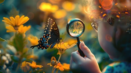 Smiling child looking at butterfly through magnifying glass.nature