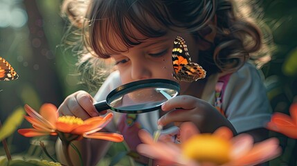 Smiling child looking at butterfly through magnifying glass.nature