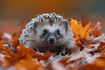 Fototapeta premium Baby Hedgehog: A prickly baby hedgehog, peeking out from a pile of leaves.