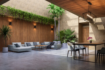 Modern contemporary loft style rustic room interior decorated with nature plant 3d render there are concrete floor clay wall sunlight entering the room from above