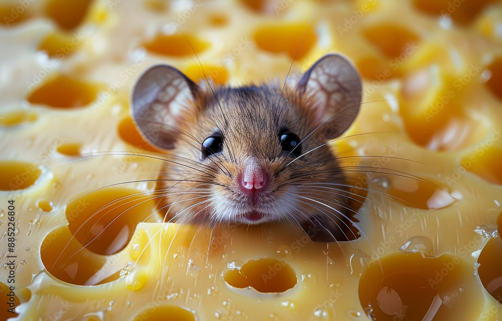 Poster a mouse is looking up at the camera in a yellow cheese. the mouse is small and cute, and it seems to