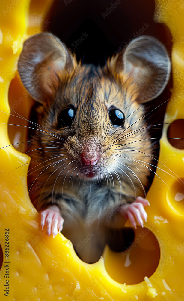 Poster a mouse is looking at the camera while standing in front of a yellow cheese