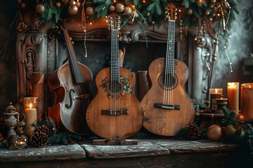 Naklejka premium Guitars and candles on a fireplace with Christmas decor.