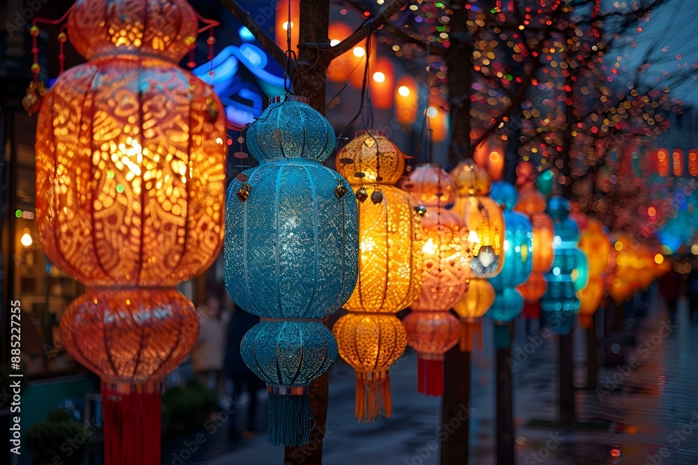 Poster vibrant lanterns lined up, creating a cheerful and colorful display.