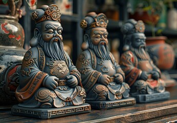 Obraz premium A row of stone statues of men standing in a straight line.